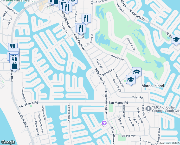 map of restaurants, bars, coffee shops, grocery stores, and more near 210 Waterway Court in Marco Island