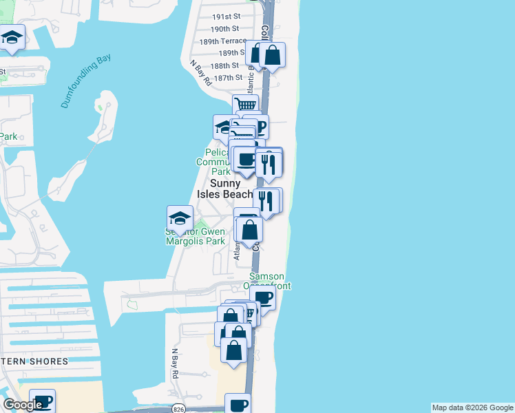 map of restaurants, bars, coffee shops, grocery stores, and more near 17886 Collins Avenue in Sunny Isles Beach