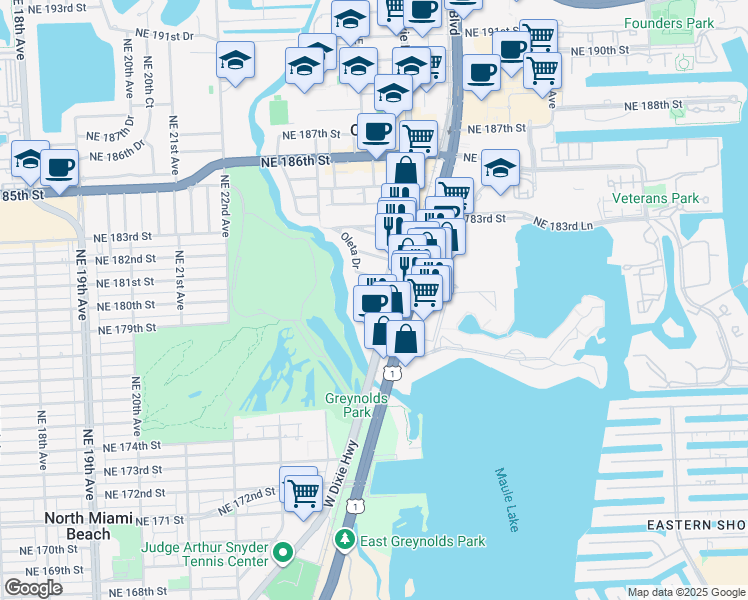 map of restaurants, bars, coffee shops, grocery stores, and more near 2555 Northeast 179th Street in Miami
