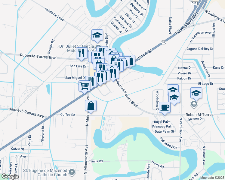map of restaurants, bars, coffee shops, grocery stores, and more near 7700 Via Del Mar Cir in Brownsville