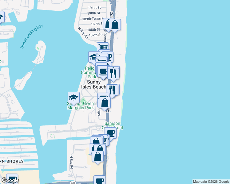 map of restaurants, bars, coffee shops, grocery stores, and more near 18001 Collins Avenue in Sunny Isles Beach