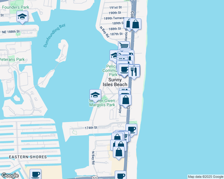 map of restaurants, bars, coffee shops, grocery stores, and more near in Sunny Isles Beach