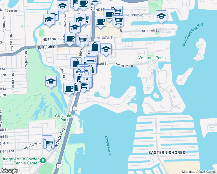 map of restaurants, bars, coffee shops, grocery stores, and more near 18061 Biscayne Boulevard in Aventura