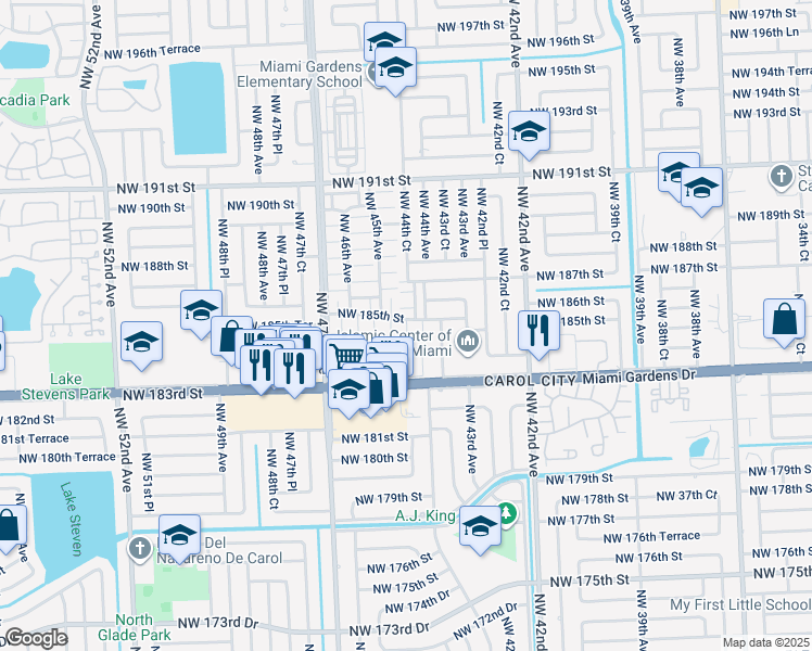 map of restaurants, bars, coffee shops, grocery stores, and more near 4475 Northwest 185th Street in Miami Gardens