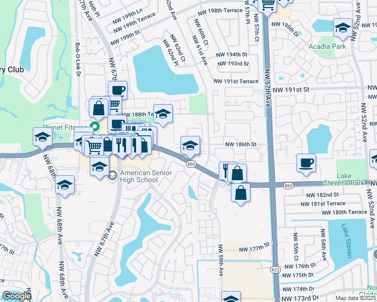 map of restaurants, bars, coffee shops, grocery stores, and more near 18450 Northwest 62nd Avenue in Hialeah