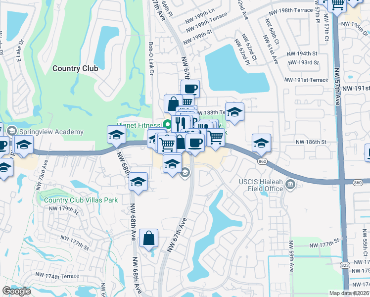 map of restaurants, bars, coffee shops, grocery stores, and more near 18630 Northwest 67th Avenue in Hialeah