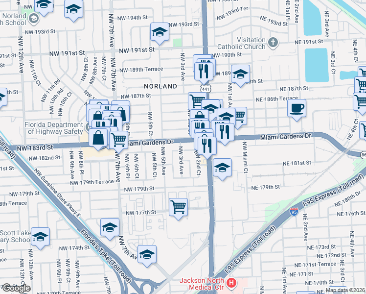 map of restaurants, bars, coffee shops, grocery stores, and more near 331 Northwest 183rd Street in Miami