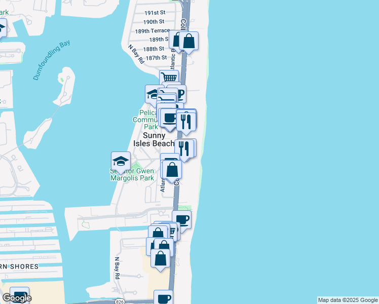 map of restaurants, bars, coffee shops, grocery stores, and more near 18001 Collins Avenue in Sunny Isles Beach
