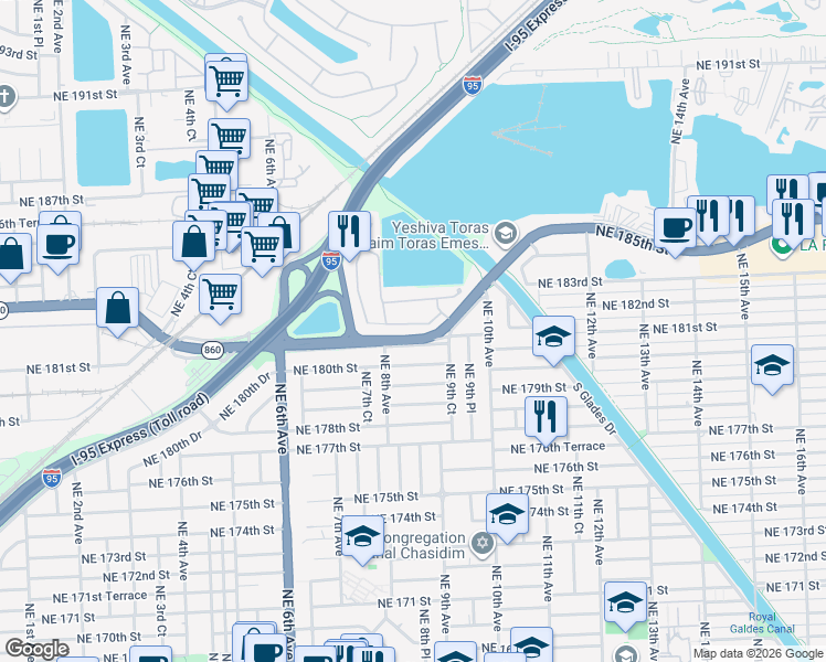 map of restaurants, bars, coffee shops, grocery stores, and more near 821 Northeast 182nd Street in North Miami Beach