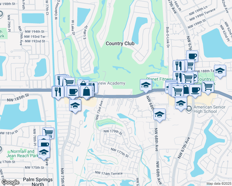 map of restaurants, bars, coffee shops, grocery stores, and more near 7035 Northwest 186th Street in Hialeah