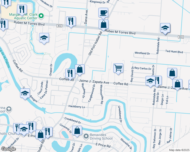 map of restaurants, bars, coffee shops, grocery stores, and more near 3463 Coffee Port Road in Brownsville