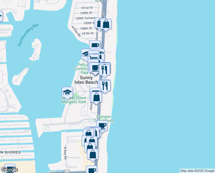 map of restaurants, bars, coffee shops, grocery stores, and more near 18001 Florida A1A in Sunny Isles Beach
