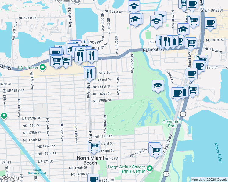 map of restaurants, bars, coffee shops, grocery stores, and more near 1860 Northeast 21st Avenue in North Miami Beach