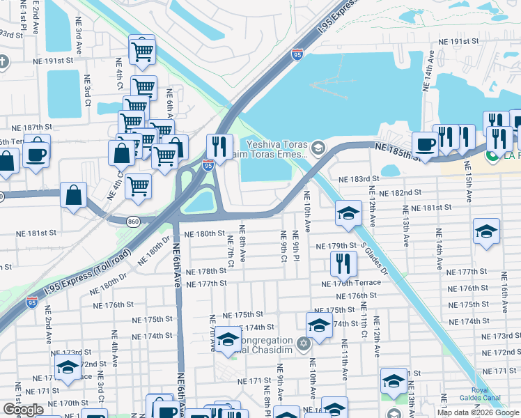 map of restaurants, bars, coffee shops, grocery stores, and more near 821 Northeast 182nd Street in North Miami Beach
