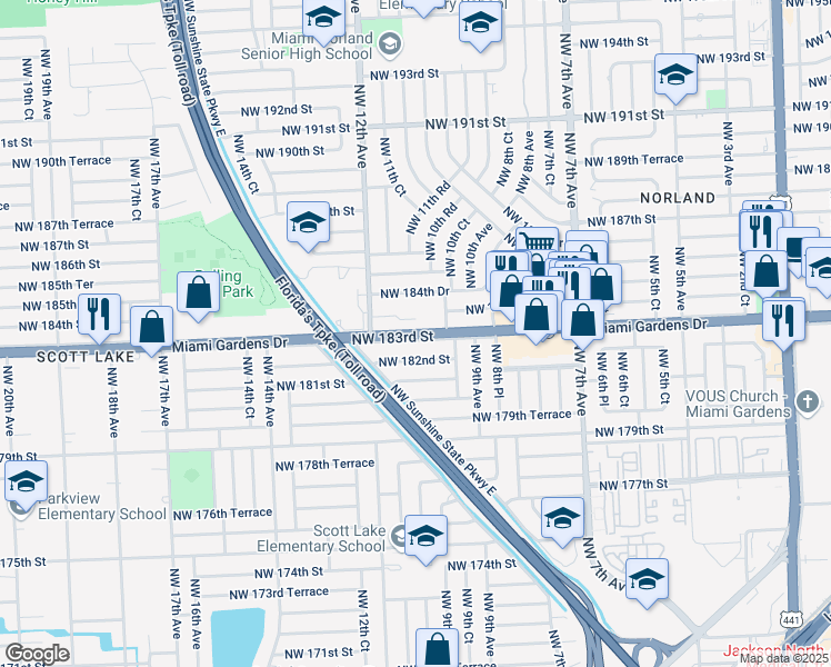 map of restaurants, bars, coffee shops, grocery stores, and more near 1101 Miami Gardens Drive in Miami Gardens