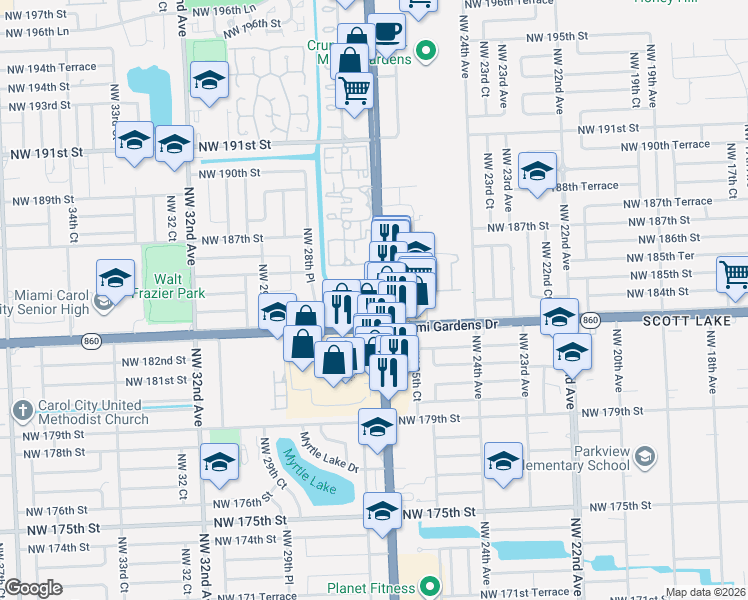map of restaurants, bars, coffee shops, grocery stores, and more near 18525 Florida 817 in Miami Gardens