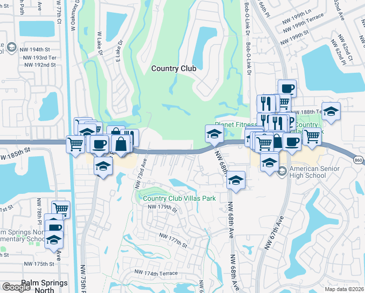 map of restaurants, bars, coffee shops, grocery stores, and more near 6955 Northwest 186th Street in Hialeah
