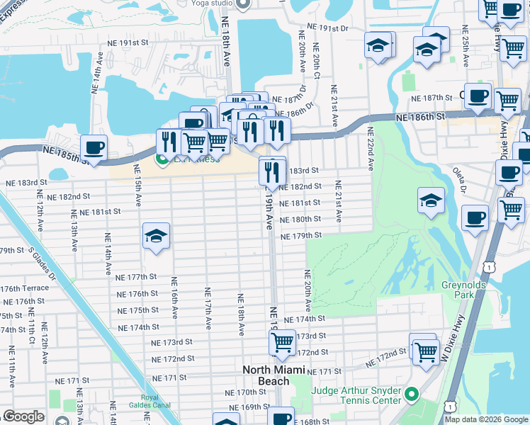 map of restaurants, bars, coffee shops, grocery stores, and more near 18100 Northeast 19th Avenue in North Miami Beach