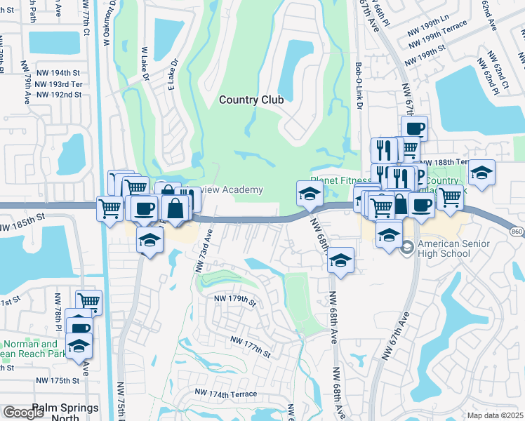 map of restaurants, bars, coffee shops, grocery stores, and more near 6955 Northwest 186th Street in Hialeah
