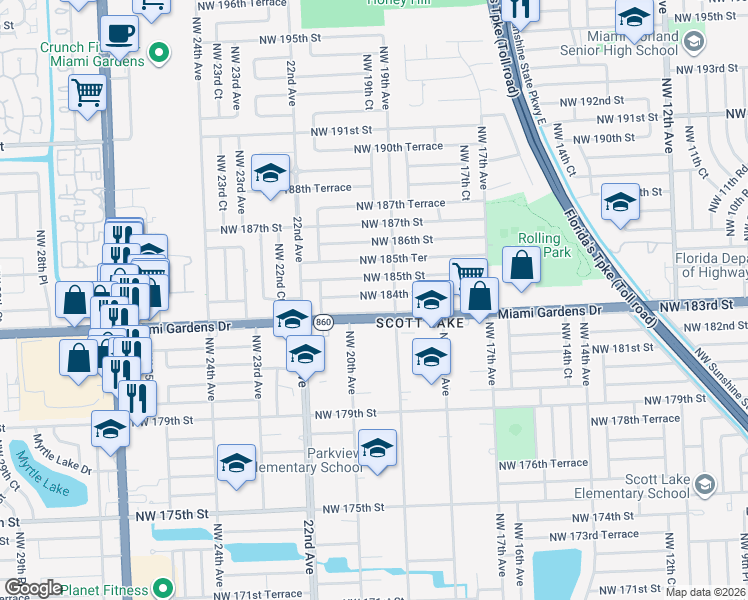 map of restaurants, bars, coffee shops, grocery stores, and more near 1901 Northwest 184th Street in Miami Gardens
