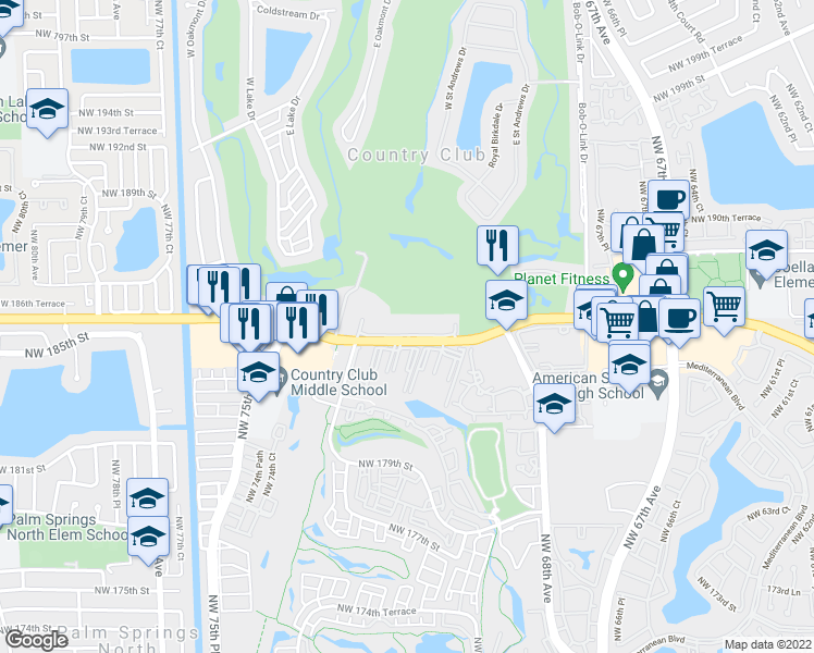 map of restaurants, bars, coffee shops, grocery stores, and more near 7035 Northwest 186th Street in Hialeah