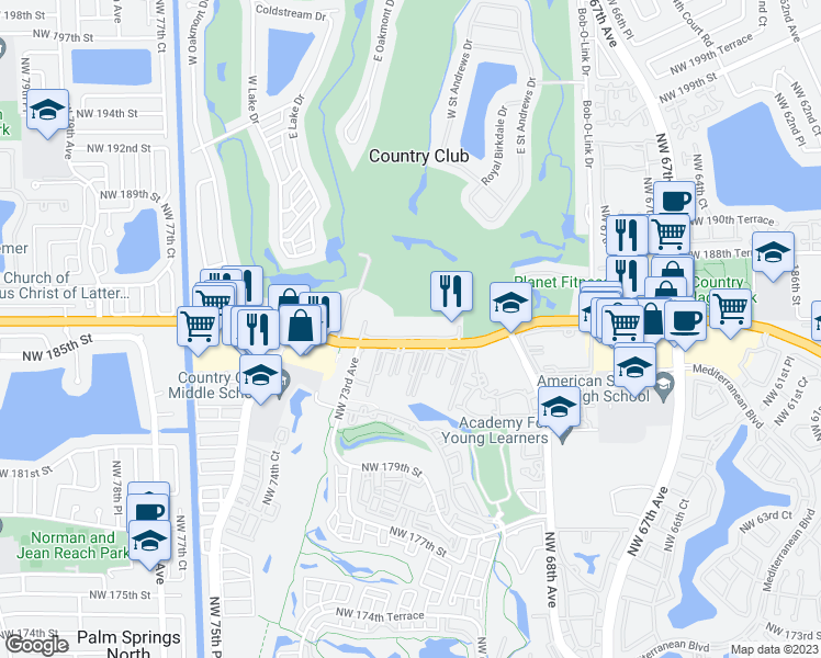 map of restaurants, bars, coffee shops, grocery stores, and more near 7011 Northwest 186th Street in Hialeah