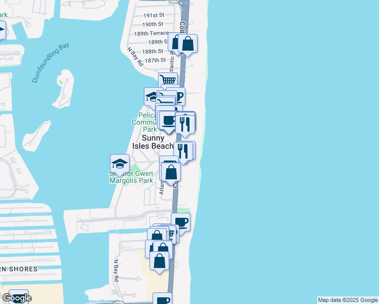 map of restaurants, bars, coffee shops, grocery stores, and more near 18001 Collins Avenue in Sunny Isles Beach