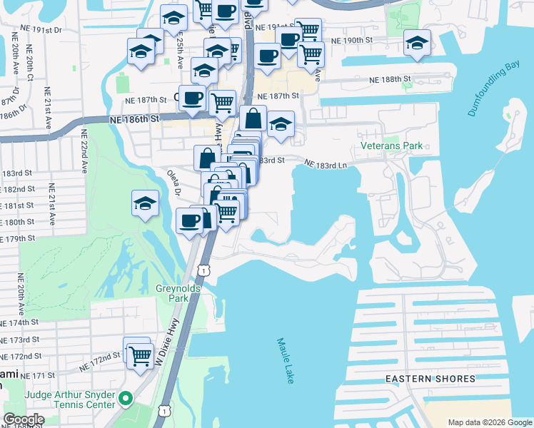 map of restaurants, bars, coffee shops, grocery stores, and more near 18061 Biscayne Boulevard in Aventura