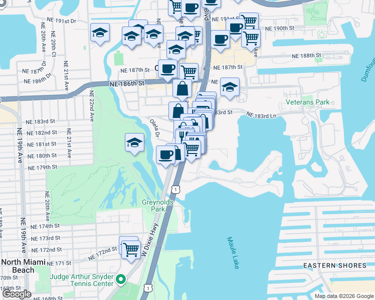 map of restaurants, bars, coffee shops, grocery stores, and more near 18101 Biscayne Boulevard in Aventura