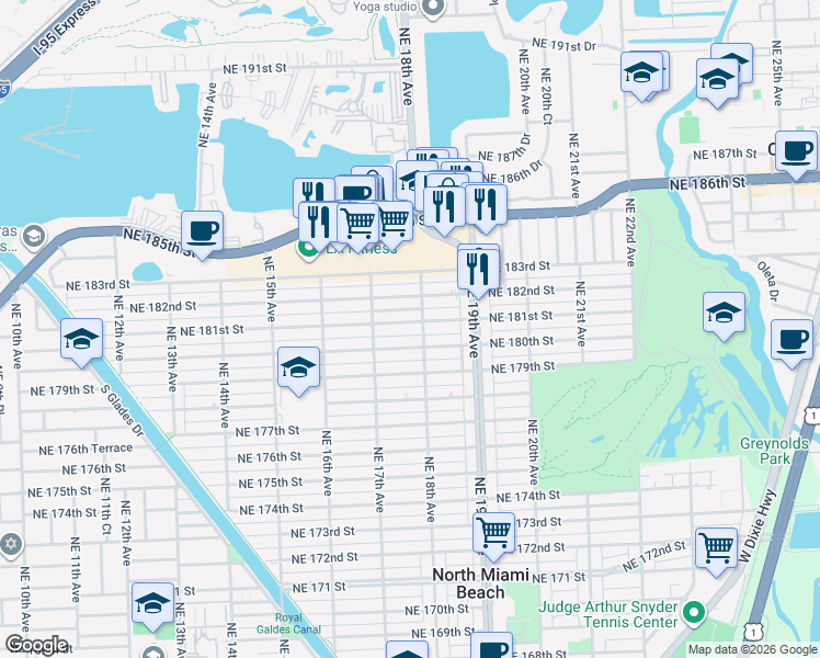 map of restaurants, bars, coffee shops, grocery stores, and more near 1745 Northeast 181st Street in North Miami Beach