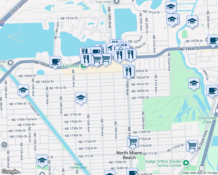 map of restaurants, bars, coffee shops, grocery stores, and more near 1745 Northeast 181st Street in North Miami Beach