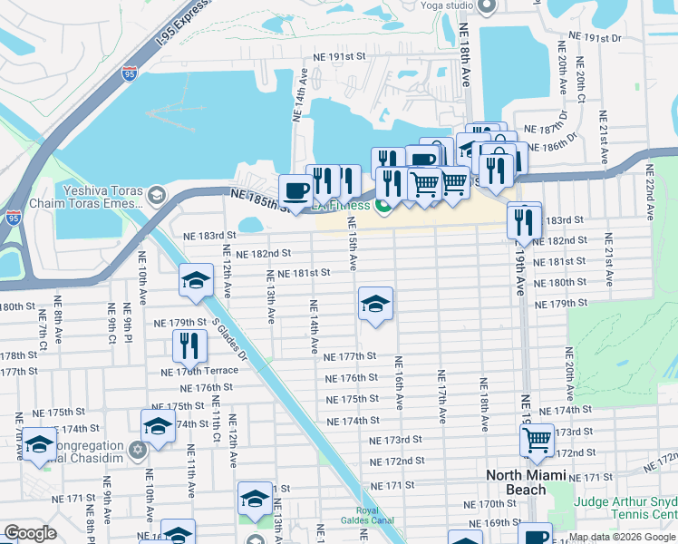 map of restaurants, bars, coffee shops, grocery stores, and more near 1435 Northeast 181st Street in North Miami Beach