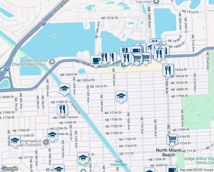 map of restaurants, bars, coffee shops, grocery stores, and more near 1435 Northeast 181st Street in North Miami Beach