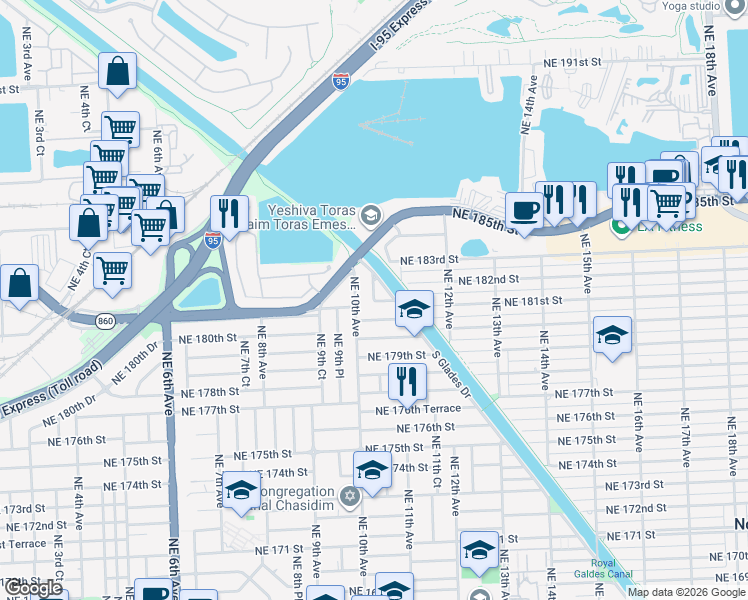 map of restaurants, bars, coffee shops, grocery stores, and more near 18140 South Glades Drive in North Miami Beach