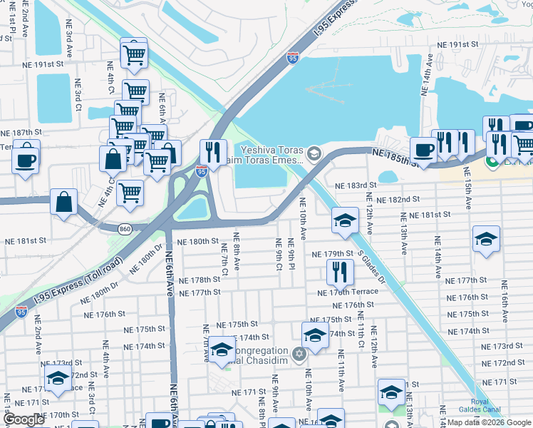 map of restaurants, bars, coffee shops, grocery stores, and more near in North Miami Beach