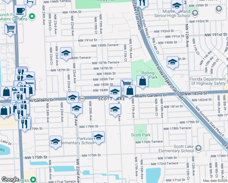 map of restaurants, bars, coffee shops, grocery stores, and more near 1821 Northwest 184th Street in Miami Gardens