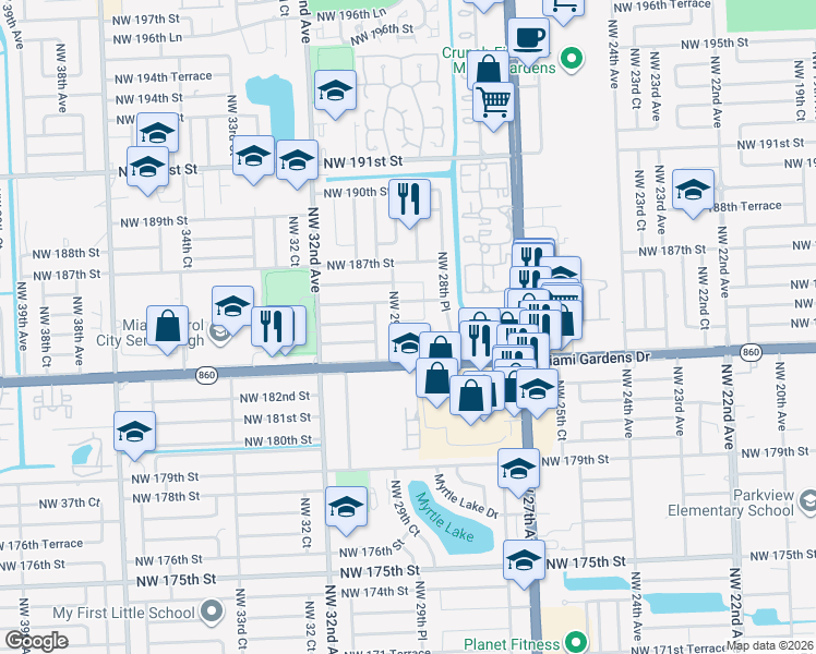 map of restaurants, bars, coffee shops, grocery stores, and more near 2921 Northwest 185th Street in Miami Gardens