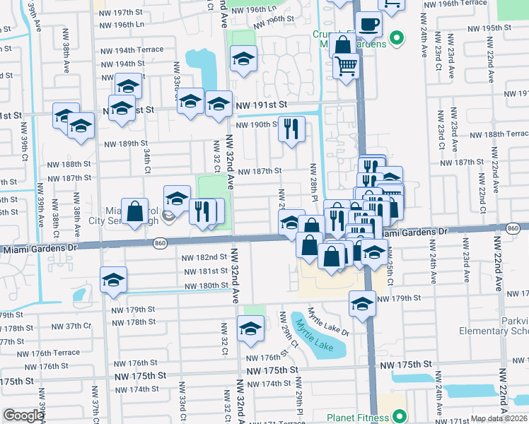 map of restaurants, bars, coffee shops, grocery stores, and more near 3015 Northwest 185th Street in Miami Gardens