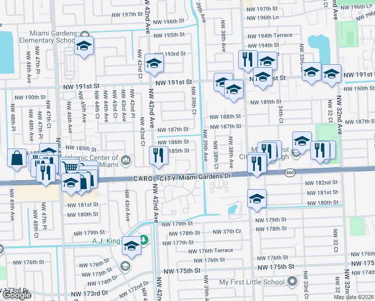 map of restaurants, bars, coffee shops, grocery stores, and more near 3940 Northwest 186th Street in Miami Gardens