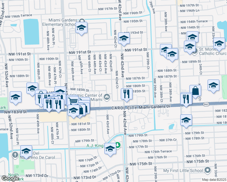 map of restaurants, bars, coffee shops, grocery stores, and more near 18555 Northwest 42nd Place in Miami Gardens