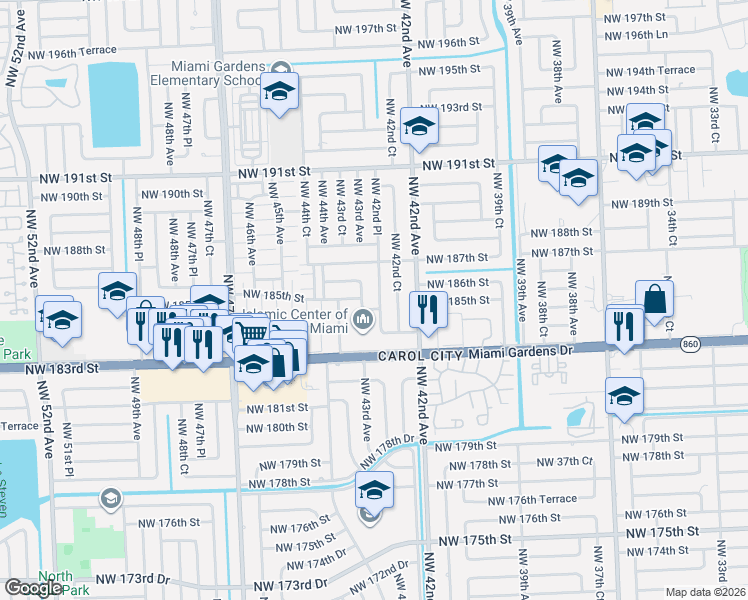 map of restaurants, bars, coffee shops, grocery stores, and more near 18555 Northwest 42nd Place in Miami Gardens