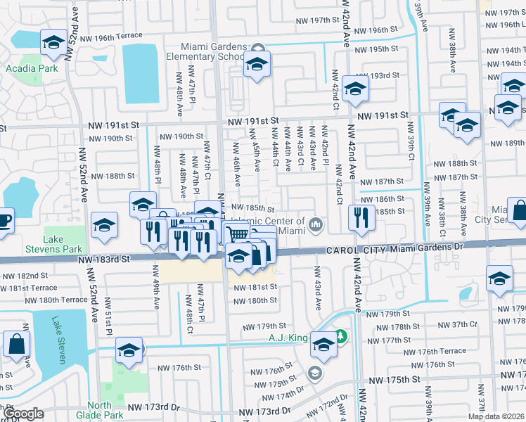 map of restaurants, bars, coffee shops, grocery stores, and more near 4503 Northwest 185th Terrace in Miami Gardens