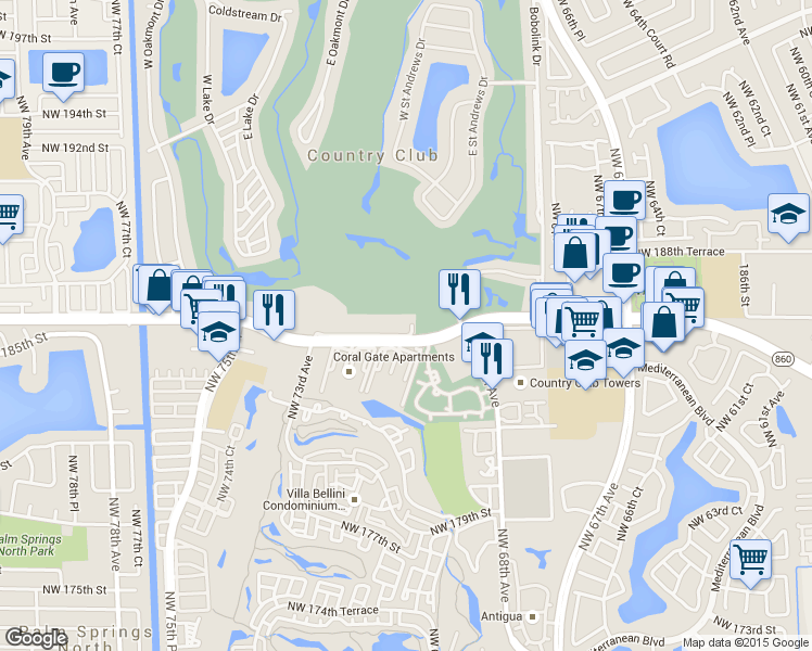map of restaurants, bars, coffee shops, grocery stores, and more near 6955 Northwest 186th Street in Hialeah