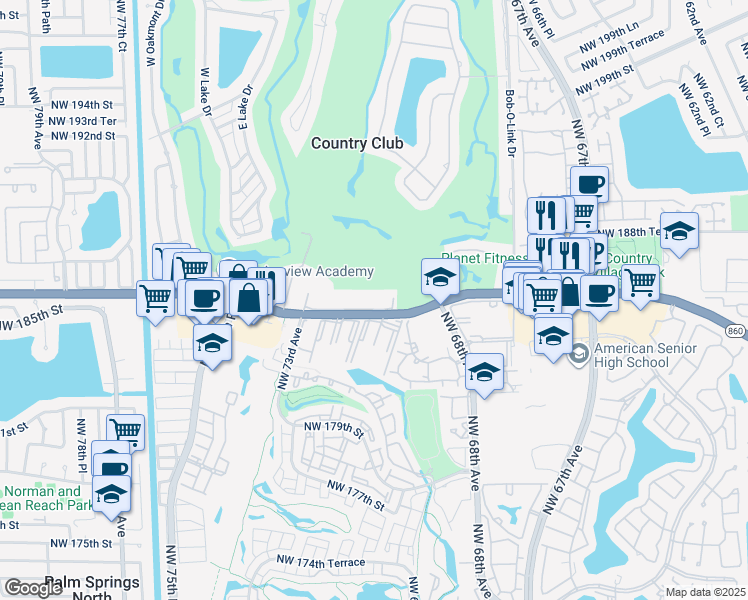 map of restaurants, bars, coffee shops, grocery stores, and more near 6955 Northwest 186th Street in Hialeah