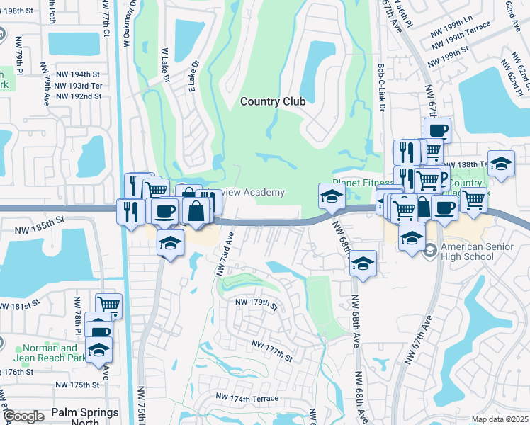 map of restaurants, bars, coffee shops, grocery stores, and more near 7035 Northwest 186th Street in Hialeah