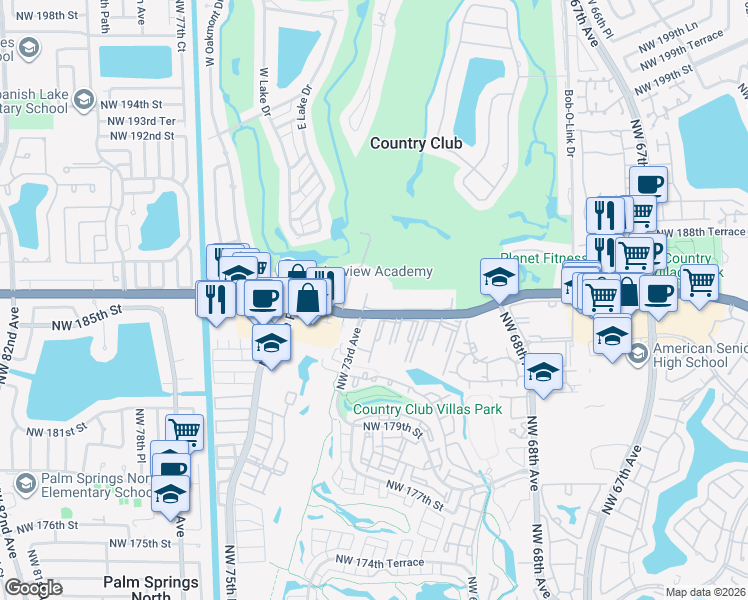map of restaurants, bars, coffee shops, grocery stores, and more near 7301 Northwest 186th Street in Hialeah