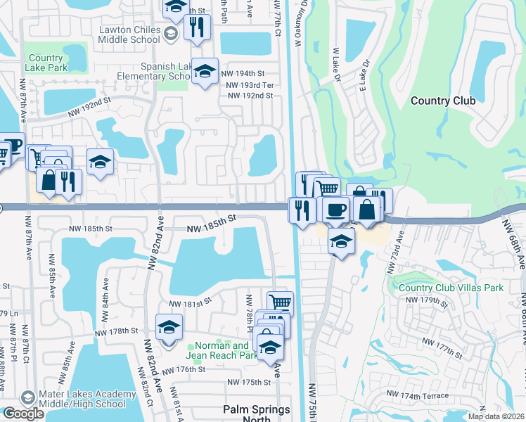 map of restaurants, bars, coffee shops, grocery stores, and more near 18640 Northwest 78th Avenue in Hialeah