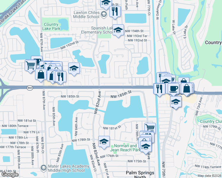 map of restaurants, bars, coffee shops, grocery stores, and more near 8020 Northwest 186th Terrace in Hialeah