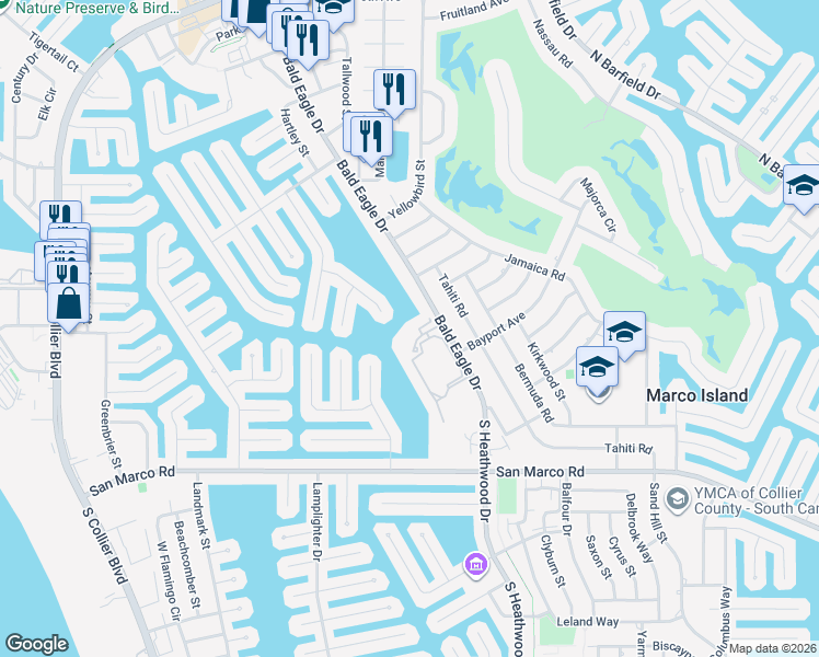 map of restaurants, bars, coffee shops, grocery stores, and more near 256 Bald Eagle Drive in Marco Island