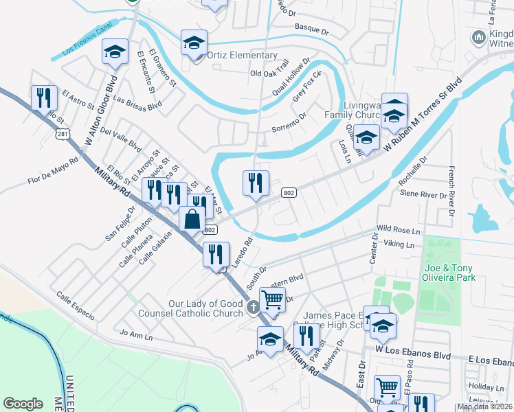 map of restaurants, bars, coffee shops, grocery stores, and more near 1504 Laredo Road in Brownsville